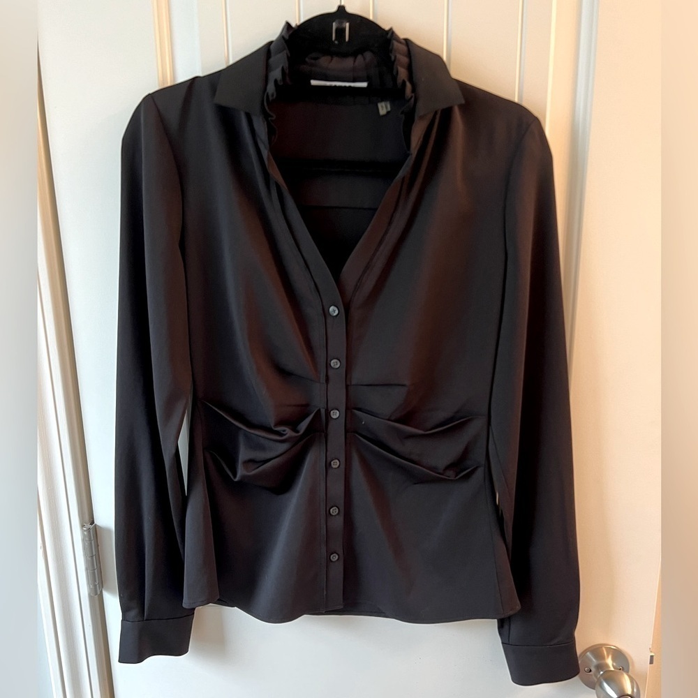 💕 T Tahari Long Sleeve Button Down Black Dress Shirt Size SP